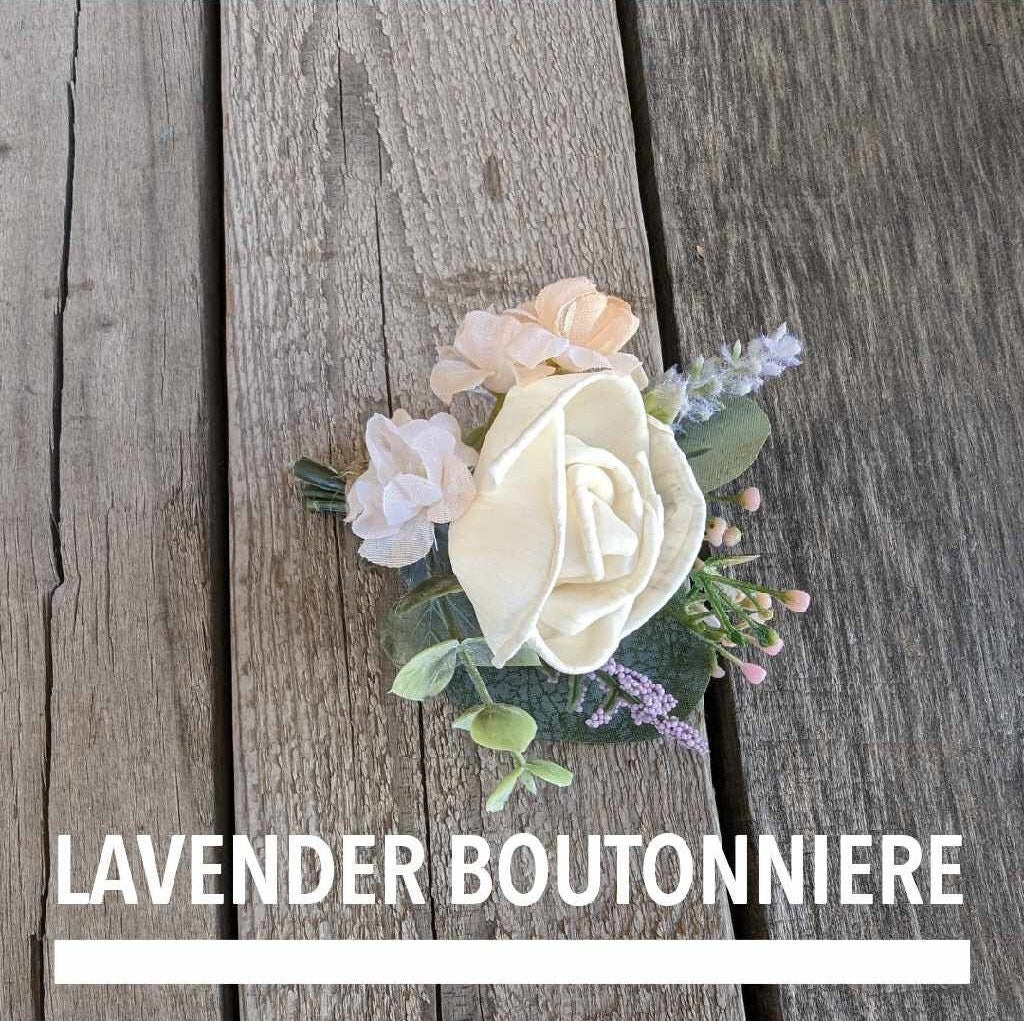 Lavender Boutonniere, Wood Flower Wedding Boutonniere, Rose Boutonniere, Fake Wedding Flowers