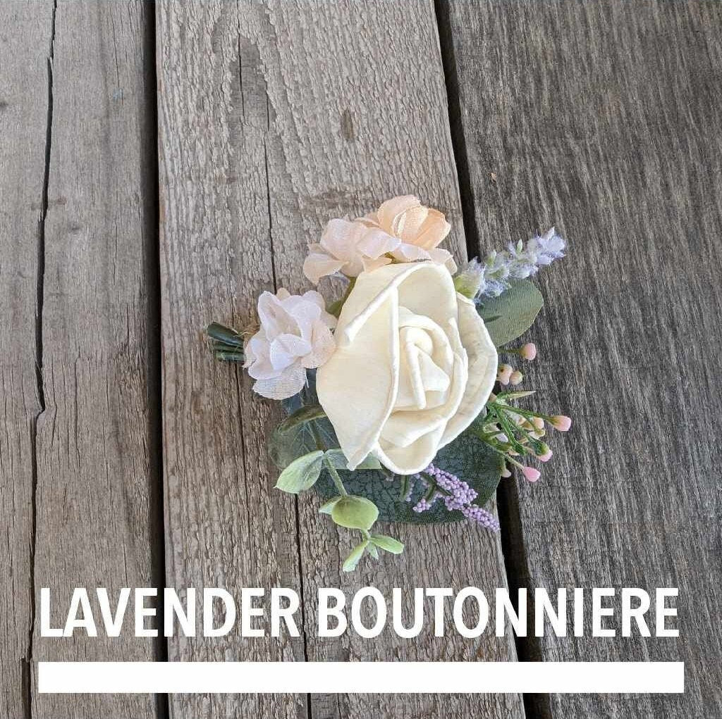 Lavender Boutonniere, Wood Flower Wedding Boutonniere, Rose Boutonniere, Fake Wedding Flowers