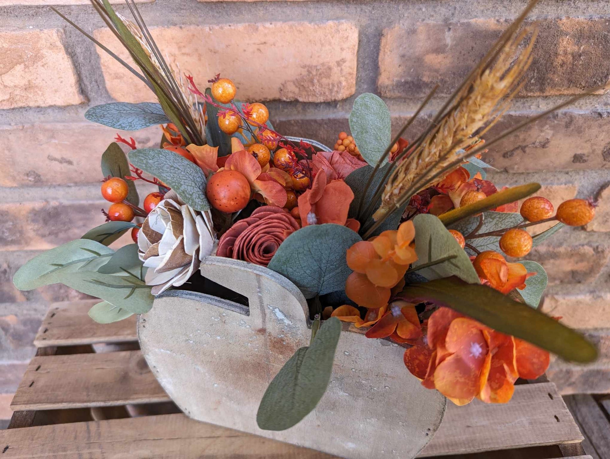 Wood Flowers Floral Arrangement for Fall, Thanksgiving Table Centerpiece, Pumpkin Floral Arrangement